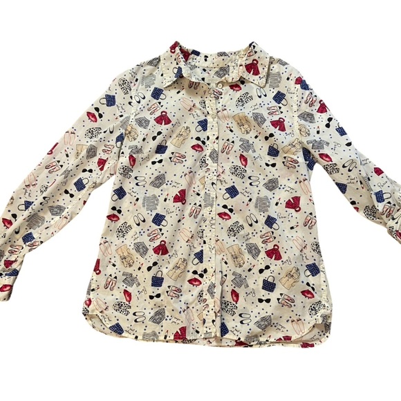 Talbots Paris Print Button Down Blouse Size M Long Sleeve C’est Chic 100%Cotton - Picture 9 of 13
